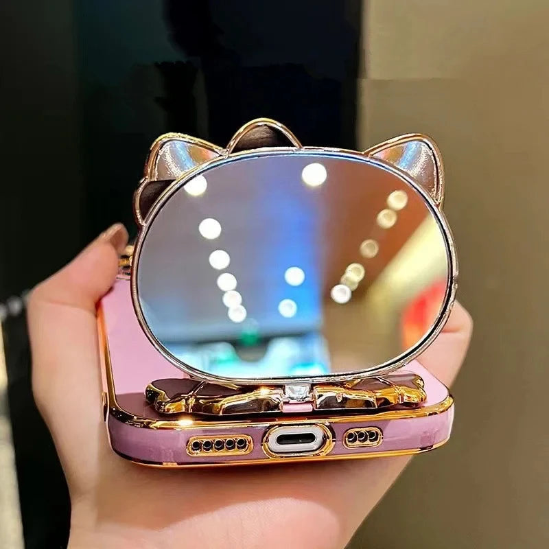 PocoX4Pro Makeup Mirror Cute Rabbit Phone Holder Case For Xiaomi Mi Poco X4 M4 Pro 4G 5G PocoM4Pro Girl Woman Used Back Cover