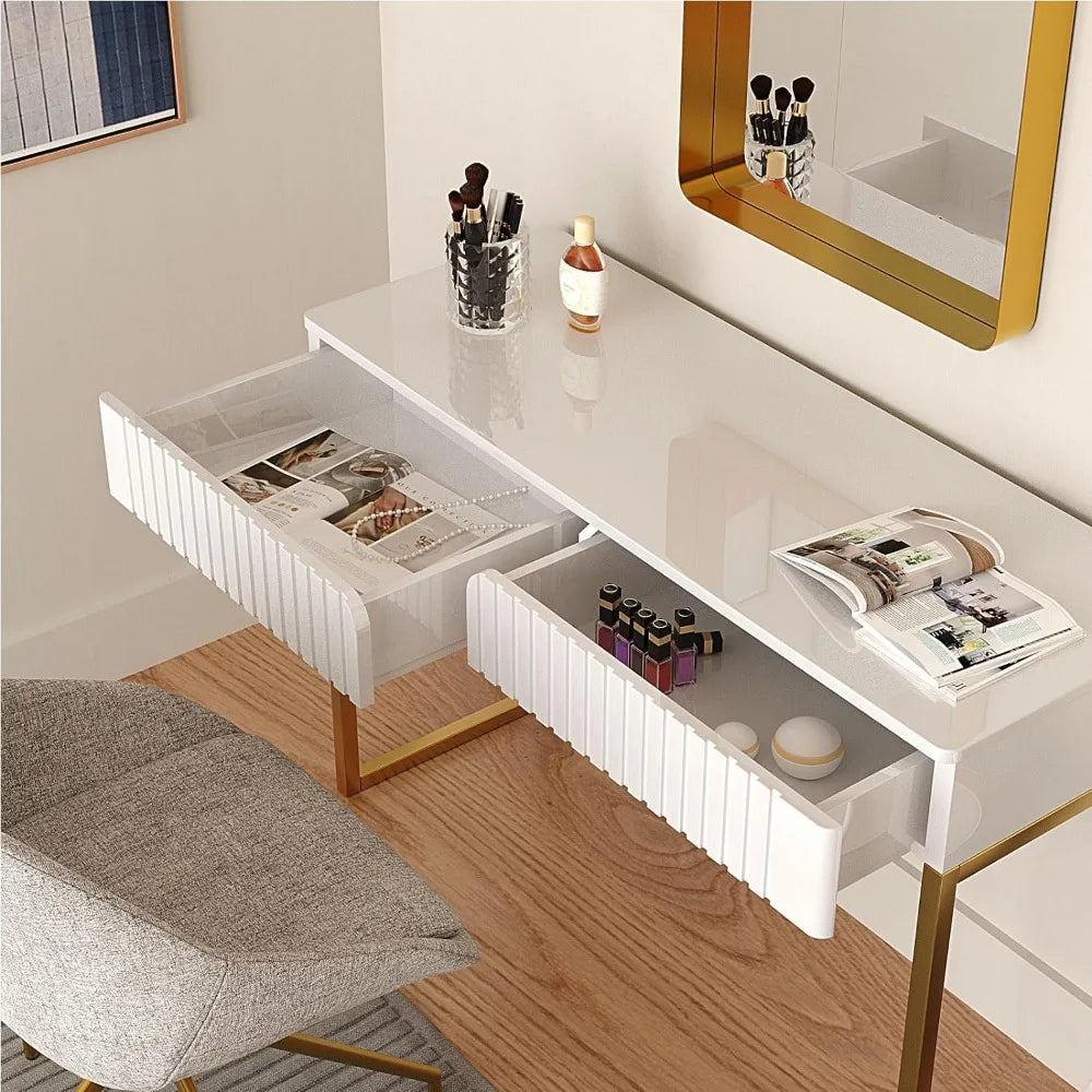 White Vanity Desk with 2 Drawers, Gold and White Desk,Home Office Desk Modern Makeup Vanity Table,  (Golden Legs)