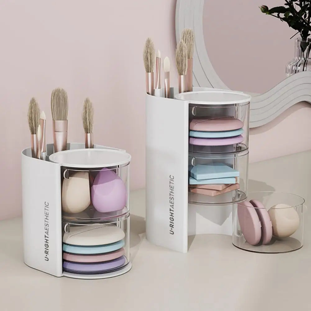 Makeup Sponge Storage Box Rotating Makeup Organizer Multi-layer Round Air Cushion Cosmetic Organizer with Transparent for Powder