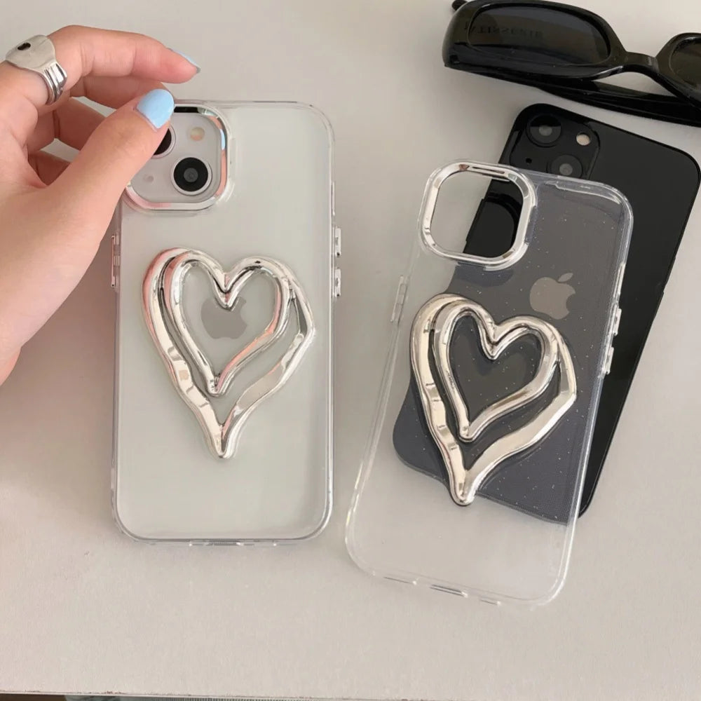 Cute Silver Love Heart Clear Phone Case For iPhone 15 14 12 13 Pro Max 15pro Transparent Protection Cover For Girl Women Cases