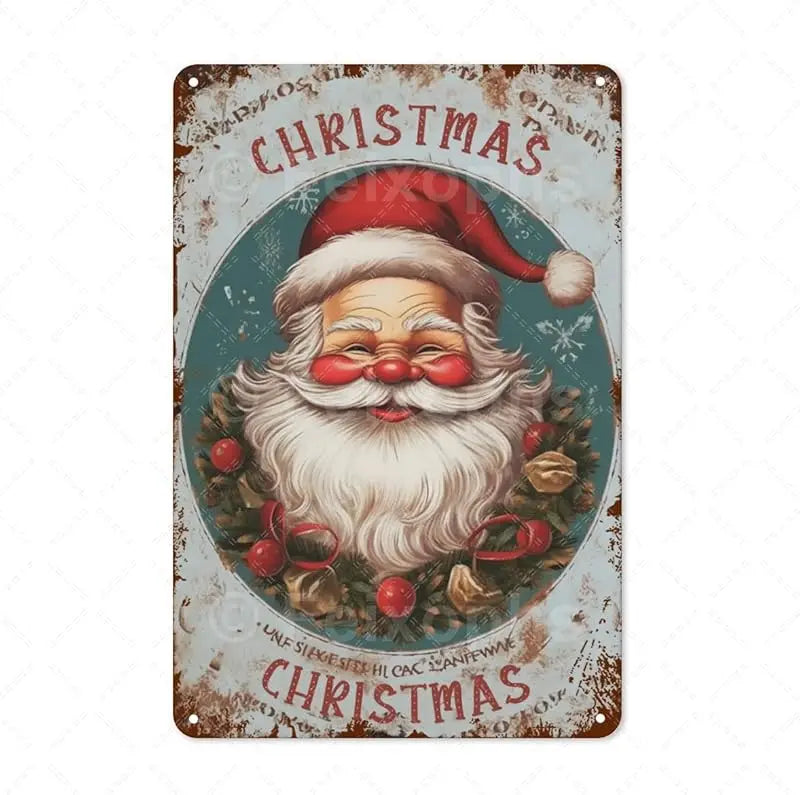 Santa Claus metal sheet painting retro wall decoration Christmas theme plate 30x20 cm