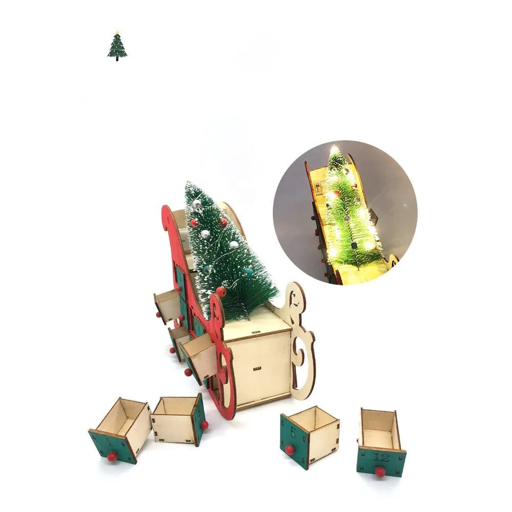 Christmas Wooden Advent Calendar Countdown with Lights 24 Drawers Sleigh Shape Christmas Tree DIY Festive Party Decorations