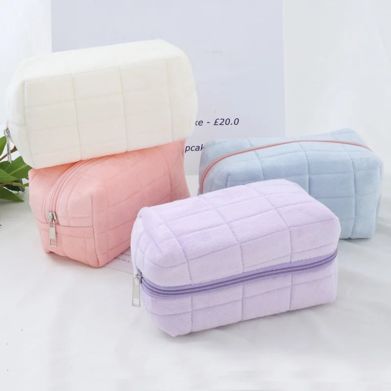 Cute Plush Makeup Bag for Women Zipper Large Solid Color Cosmetic Bag Travel Make Up Toiletry Bag Washing Pouch Plush Pen Pouch