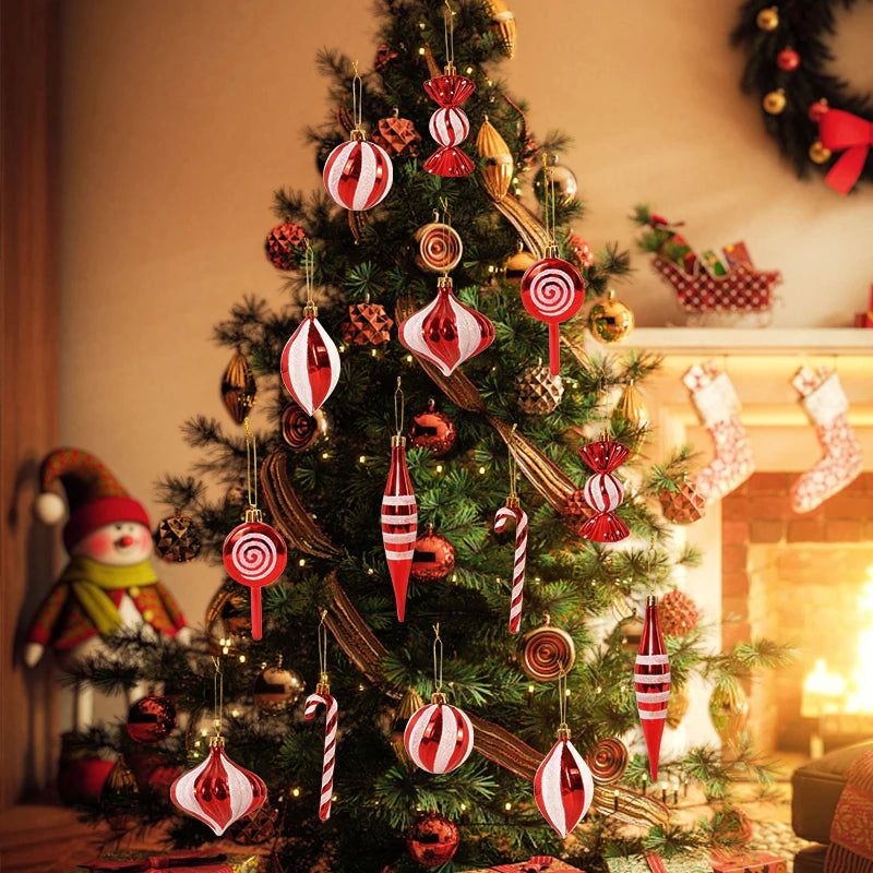 14pcs/box Christmas Ball Ornaments Red Candy Cane Xmas Tree Hanging Pendants Navidad New Year Home Decorations 2024 Natal Gift