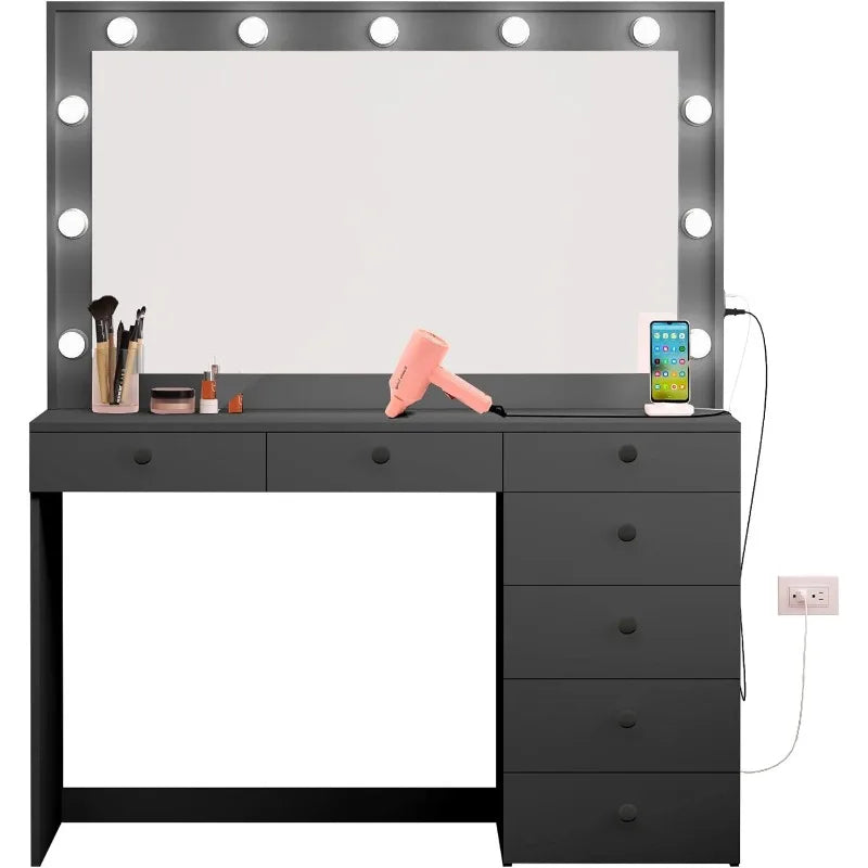 Diana Large Vanity Makeup Desk with Vanity Mirror, Built-in Lights, 7 Drawers, Crystal Ball Knobs, Power Outlet, Makeup Desk