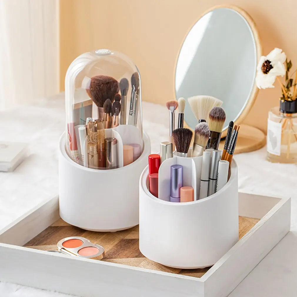 Desktop Makeup Brush Storage Bucket Cup Holder with Lid Rotating Makeup Lipstick Cosmetic Storage Box Organizer Tube Transparent