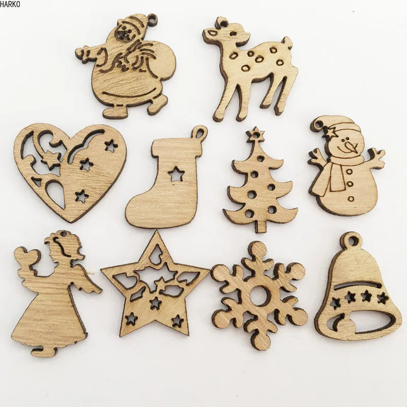 50pcs Wooden Xmas Tree Hanging Ornaments Merry Christmas Party Decorations For Home New Year 2023 Navidad Snowflake Gift Decor