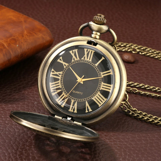 Bronze Hollow Hub Half Hunter Quartz Necklace Watch for Men Women Roman/Arabic Numerals Dial Pendant Sweater Chain Pocket Clock