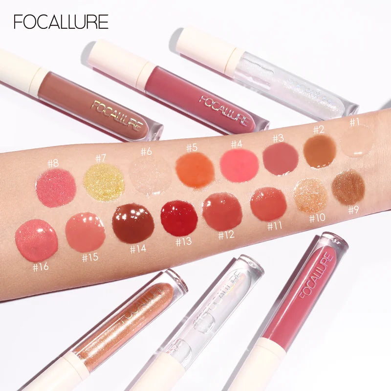 FOCALLURE Makeup Lip Gloss Moisturizing Long Lasting Juicy Jelly Lip Tint 16 Colors Shiny Transparent Lipgloss Women's Cosmetics