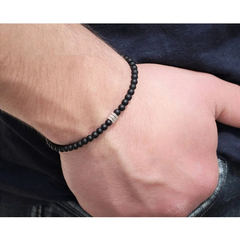 Simple Fashion Black Beaded Bracelets For Men Boys Adjustable Elastic Rope Handmade Natural Stone Bracelet Super Thin Jewelry