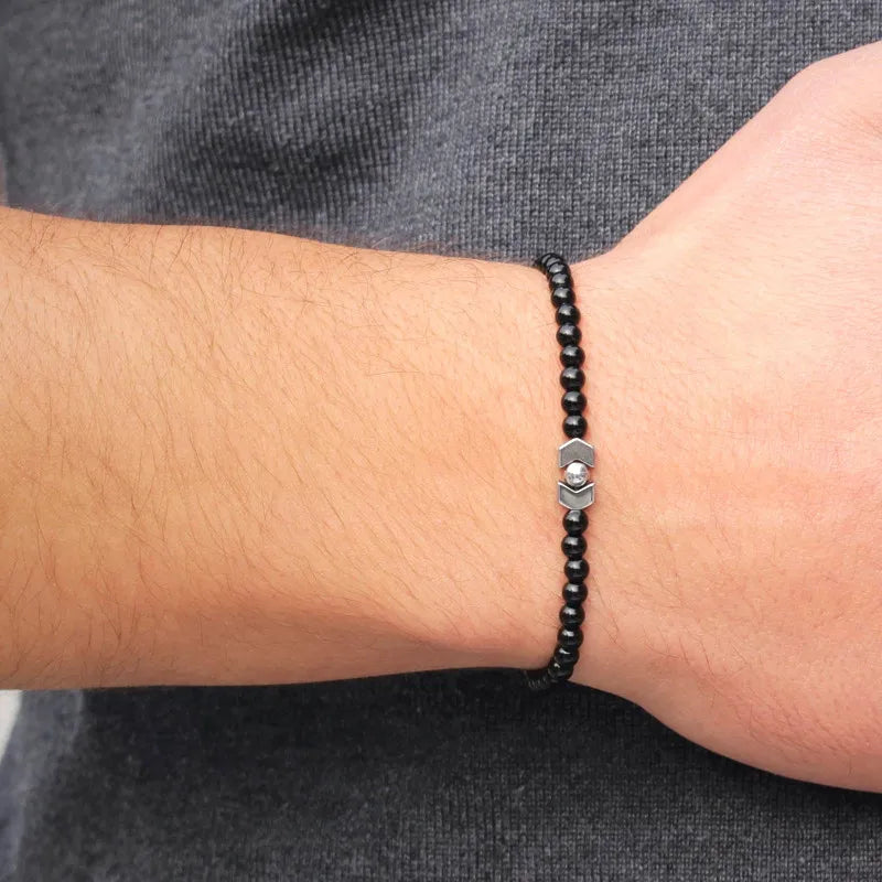 Simple Fashion Black Beaded Bracelets For Men Boys Adjustable Elastic Rope Handmade Natural Stone Bracelet Super Thin Jewelry